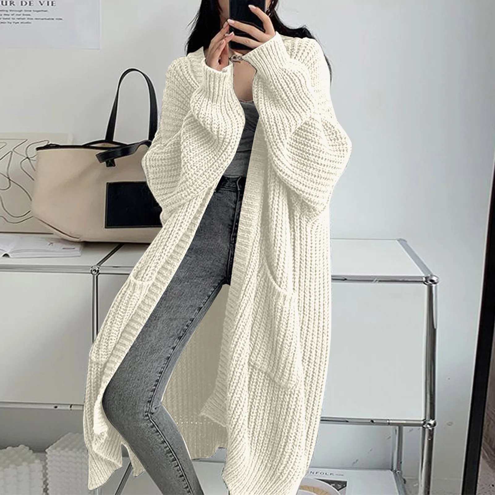 Women\'s Long Cardigan solid color autumn winter clothes Knitted fluffy long sleeve Cashmere sweater coat Lazy style warm vintage