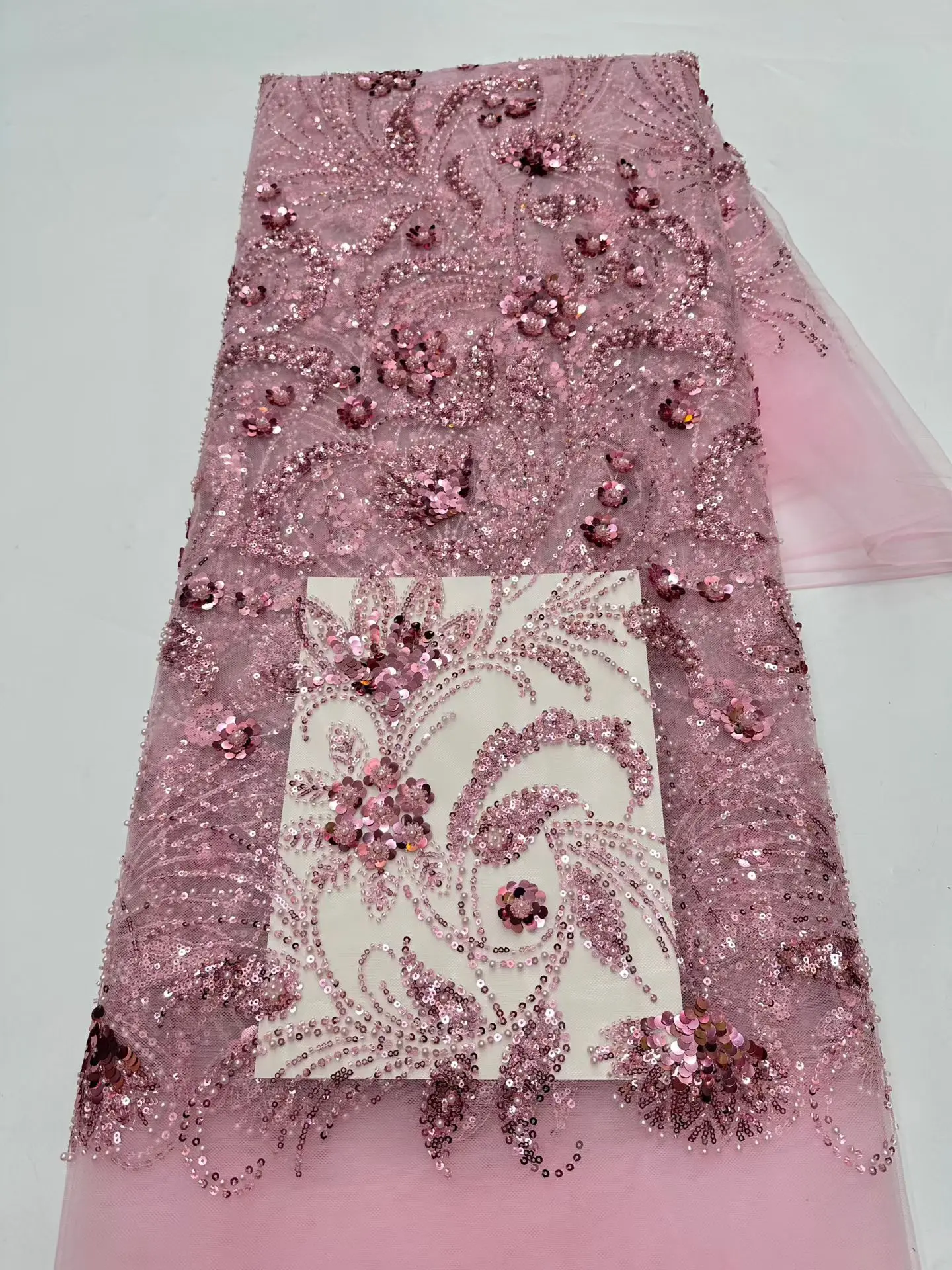 5 Yards Unique Flower Sequin French Lace Fabric Bead Heavy Craft Tulle Net Fabric for Trailing Dress 410