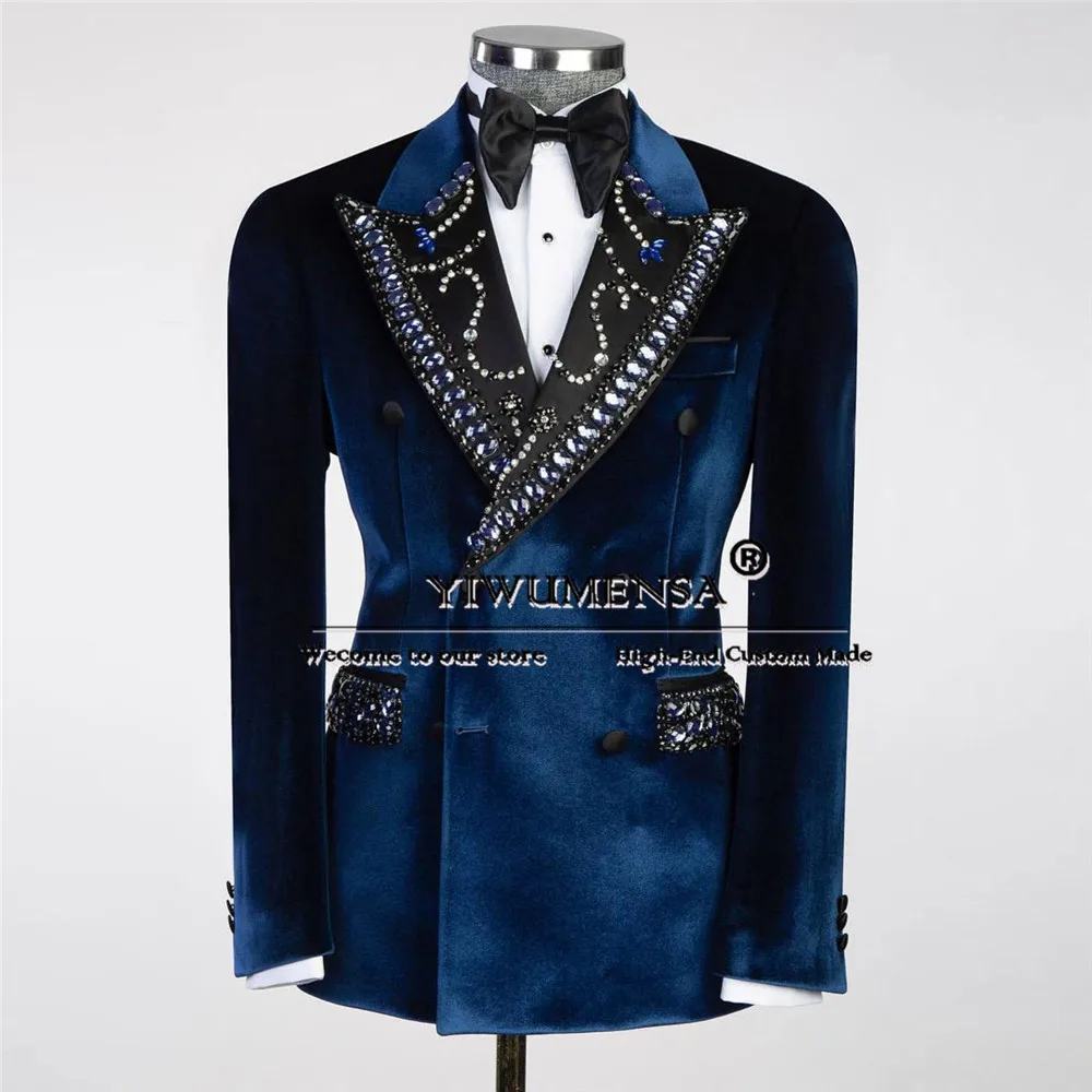 Luxury Navy Velvet Suits Men For Wedding Double Breasted Jacket Pants 2 Pieces Set Groom Tuxedo Bespoke Male Fashion Clothing