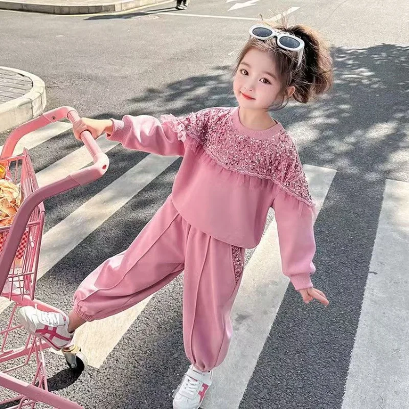 

Casual Korean Style Girls Set Mesh Sequin Sweatshirt Fashionable Long Pants Two Piece Suit Spring Autumn New Arrival Kids Clothe