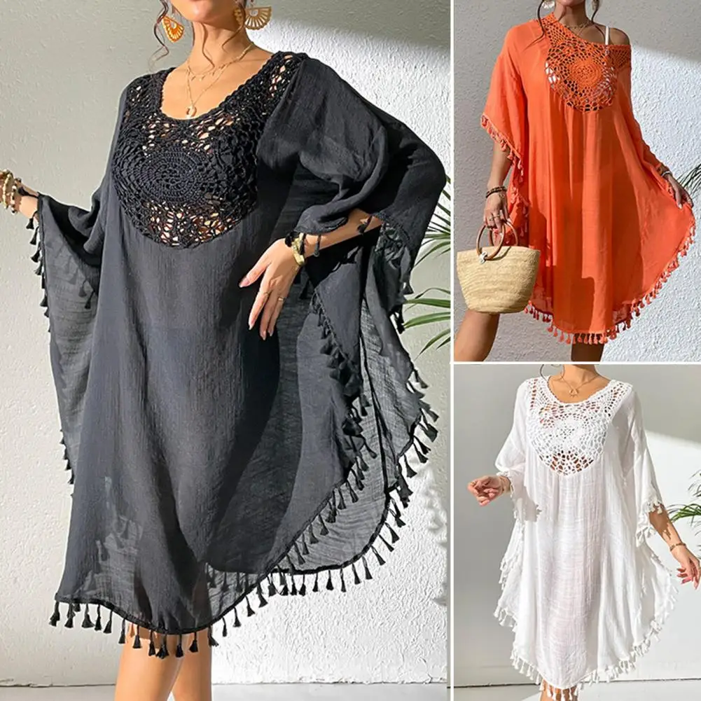 Fringed Bikini Cover Up Hollow Design Cover Up Blouse Loose Fit Swimsuit Dress Women's O-neck Fringed Hollow Beach Cover Up