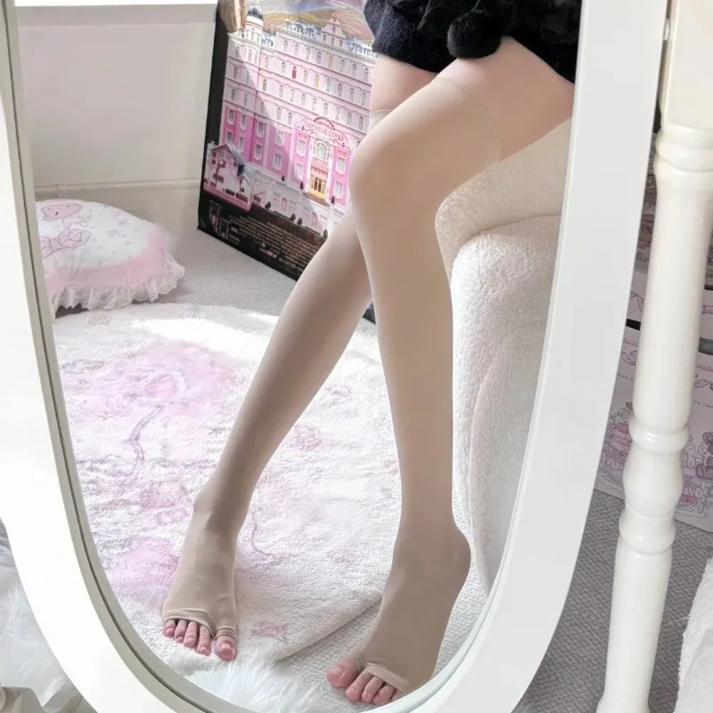 1 Pair Solid Color Sheer Stockings Elastic Knee High To Thigh High Open Toe Stockings Fish Mouth Design Breathable Toeless Socks