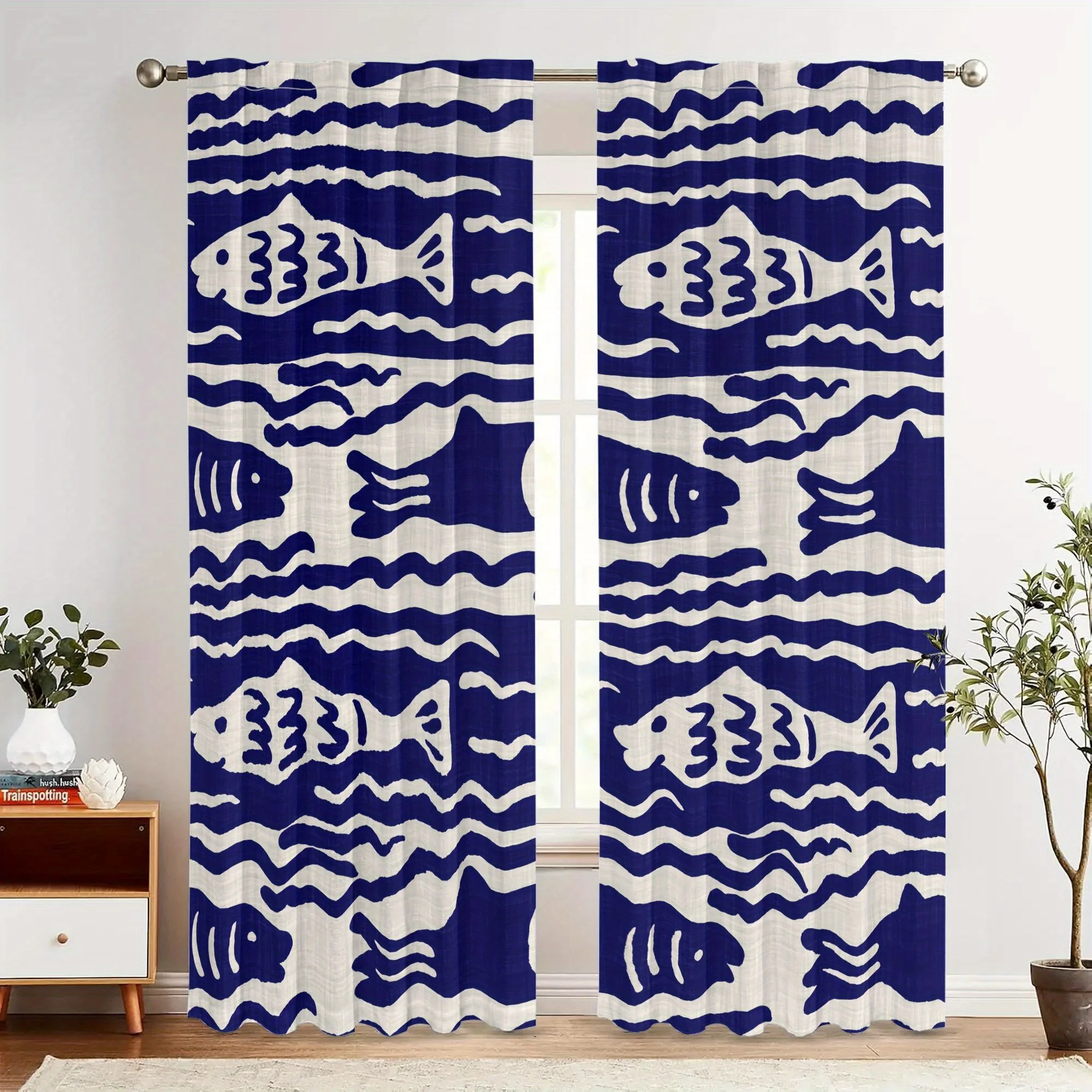 Nautical Blue Ocean Fish Print Curtains Coastal Beach Sea Wave Window Treatment Panels Home Decor Decoration Curtains