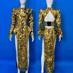 Gold Laser Mirror High Slit Long Dress Women Sexy Nightclub Bar Performance Dance Costume Stage Party Drag Queen Costume