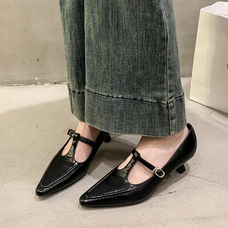 

Fashion Pointed Toe Buckle-heeled Single Shoes Retro Solid Color Women's Shoes Medium Heels Casual Shallow Mouth Zapatos Mujer