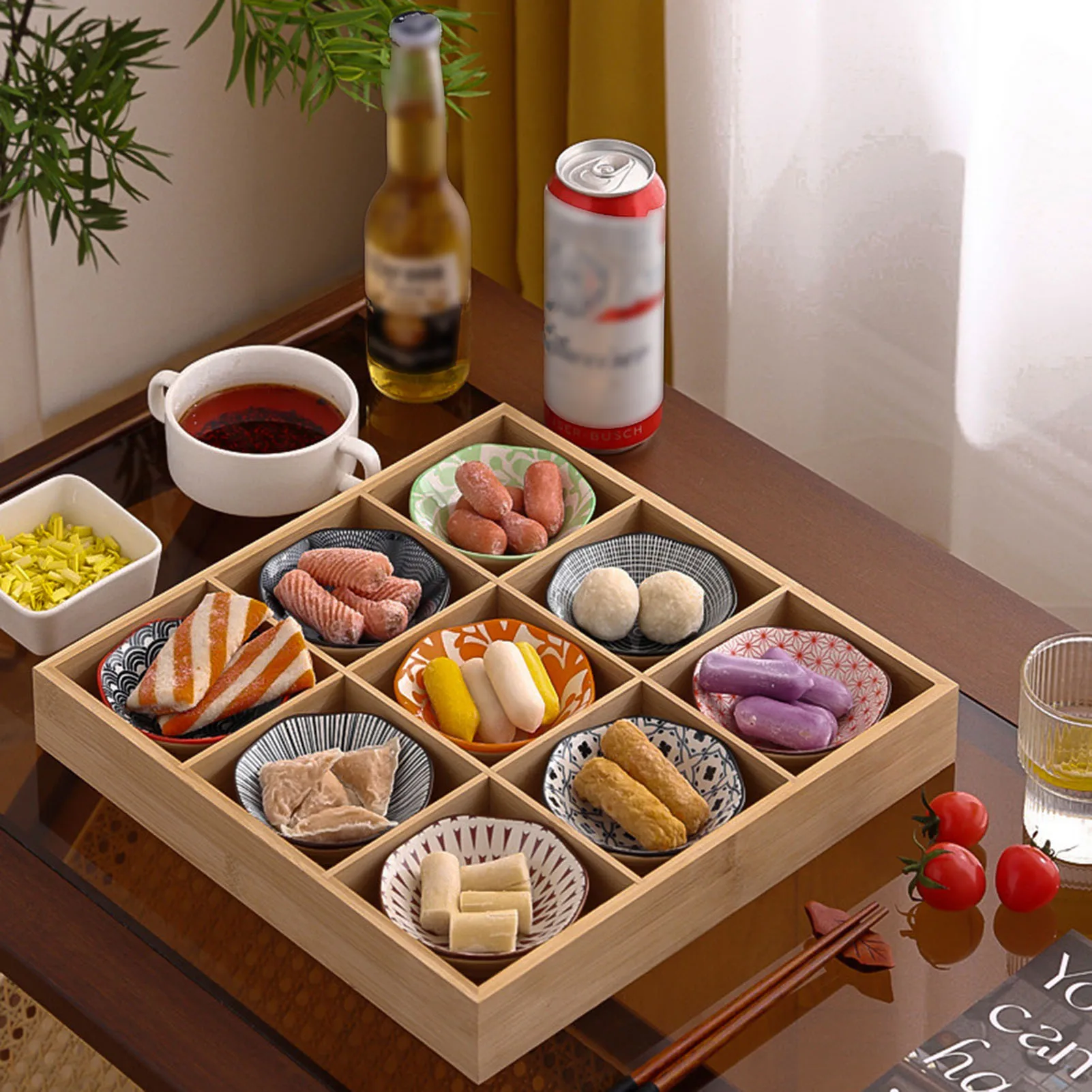 Japanese Multi Grid Divided Wooden Tray 2/3/4/6/9 Grids Vintage Serving Tray For Snacks Dessert Hot Pot Sauce Dish Soy Tray