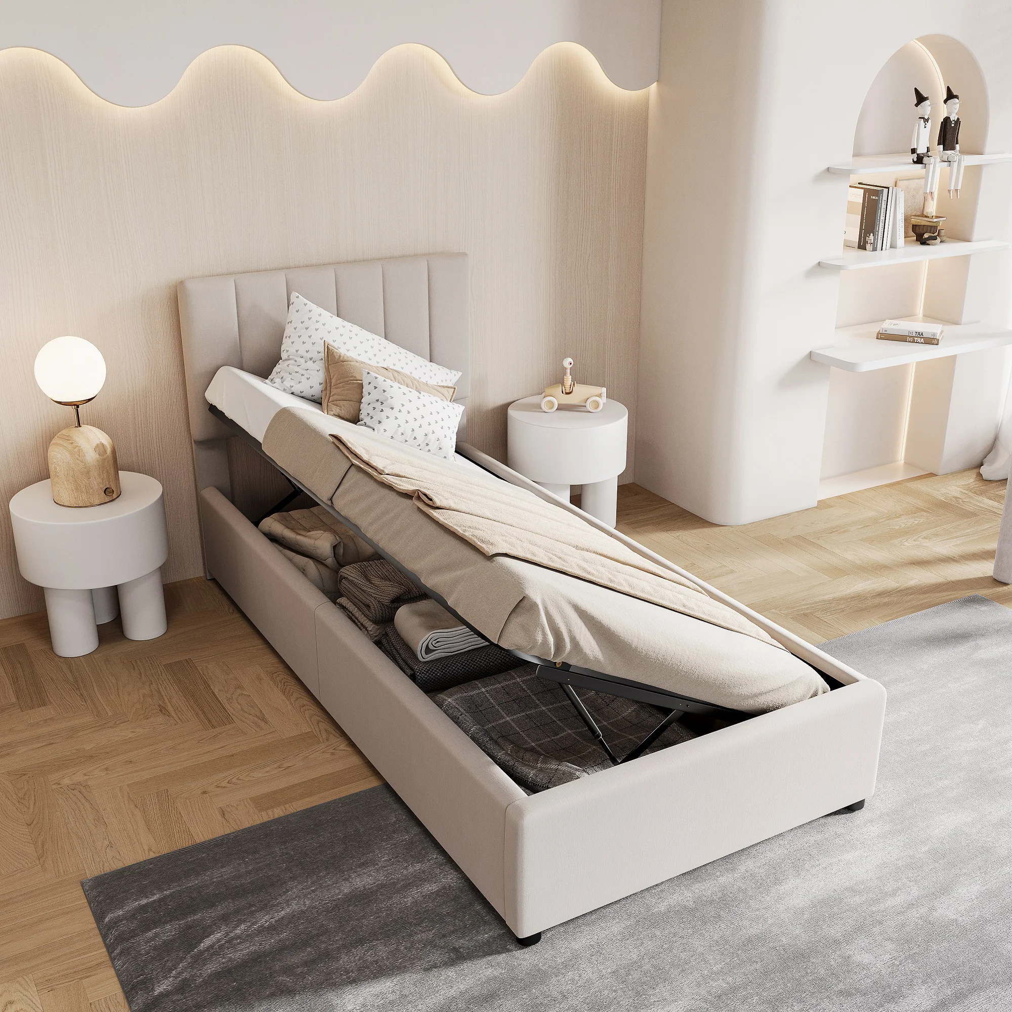 Cama infantil tapizada de 90x200cm, estructura de cama individual con almacenamiento hidráulico para habitación infantil, apartamento, beige, lino, sin colchón