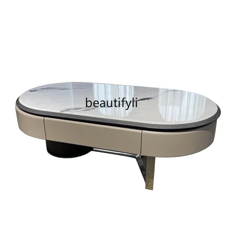 Panda White Microlite Oval Designer Light Luxury Living Room Creative Black Elm Tea Table