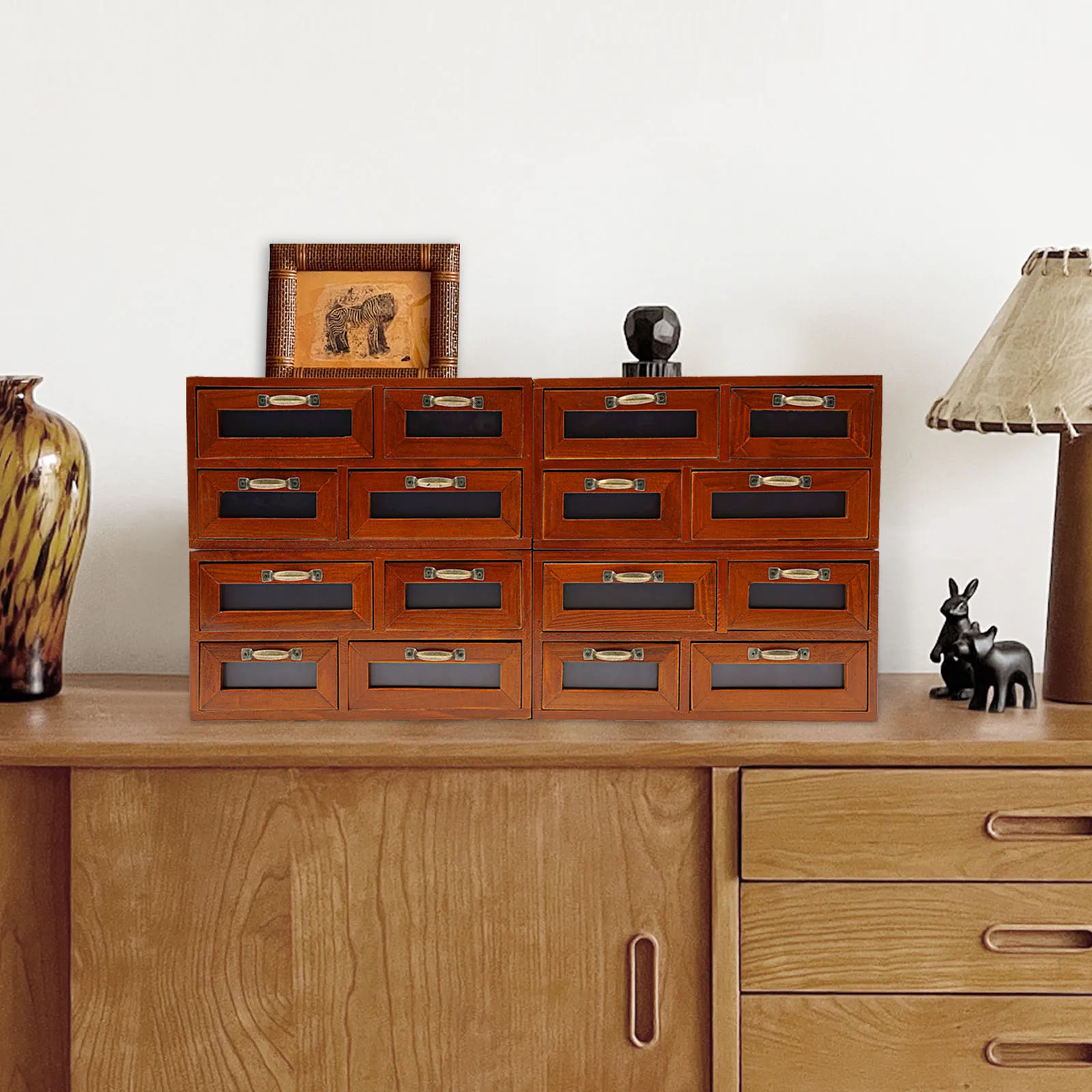 

16 Drawers Walnut-colored Wooden Storage Box Classified Transparent Window Storage Cabinet Home Office Storage Box With Handle