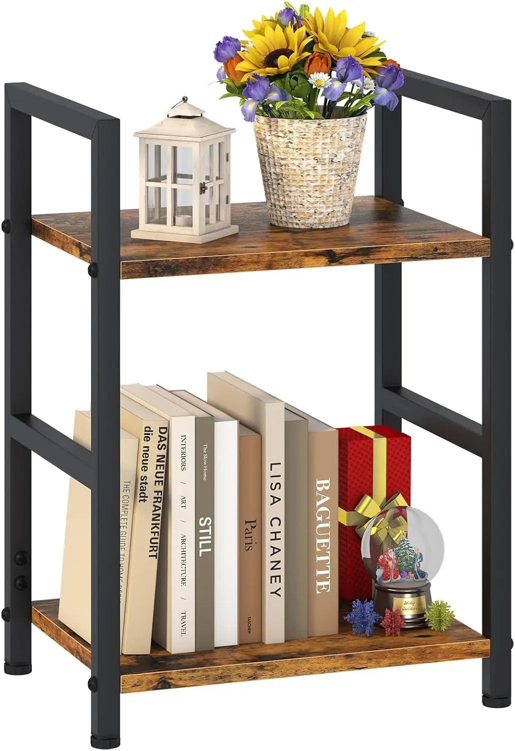 

Small Bookshelf for Small Space, 2 Tier Industrial Bookcase,Narrow Book Case Storage Organizer Book Shelf for Living Roo