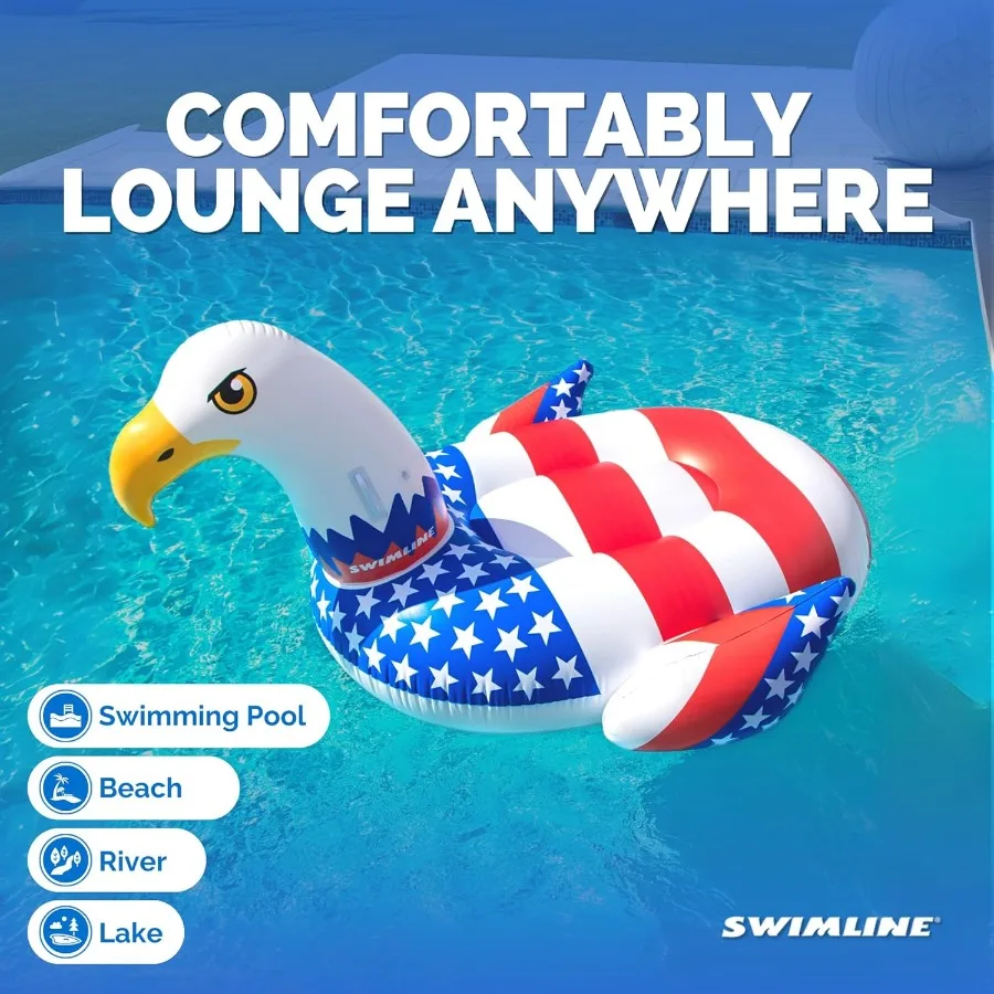 90700 Patriotic Americana Eagle Pool Float Oversized Ride-On Raft in Red White and Blue Stable Design for Summer Gathe