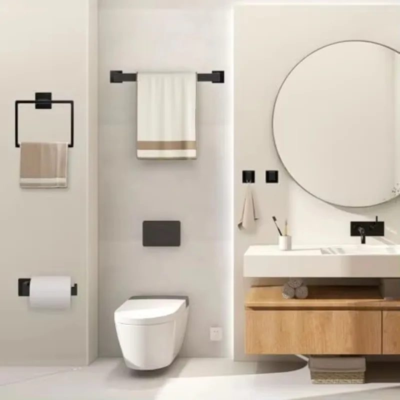 Matte Black Stainless Steel Eco-friendly Wall-mounted Bathroom Accessories Set Modern 5-Piece Design 16