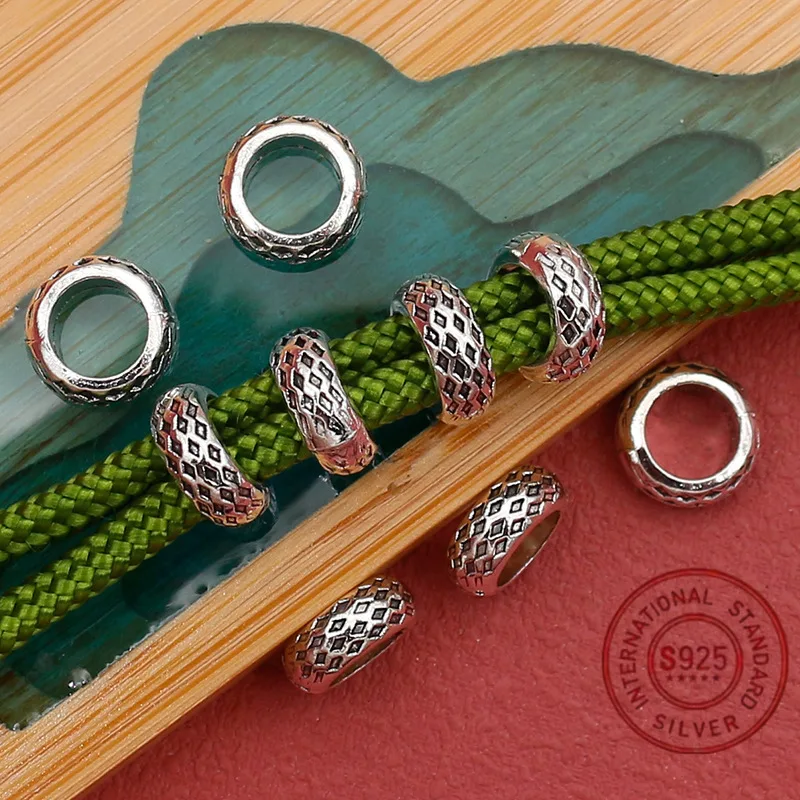 S925 sterling silver fashion ring large hole loose bead spacer beads, rhombus wheel braided dreadlocks beaded DIY jewelry beads - Detail 1