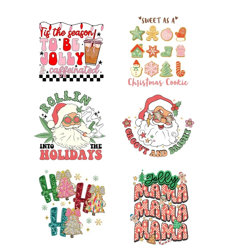 New Christmas Theme Santa Claus DTF Transfer Sticker Clothing T Shirts Iron On Heat Transfer Patches DIY Appliqued