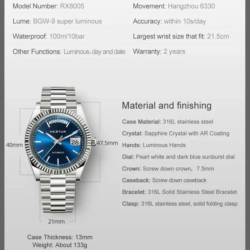 Hestur Automatic Mechanical Watch Day-Date Movement Sapphire Crystal BGW9 m128239 Luminous Waterproof Week Display Tribute Watch