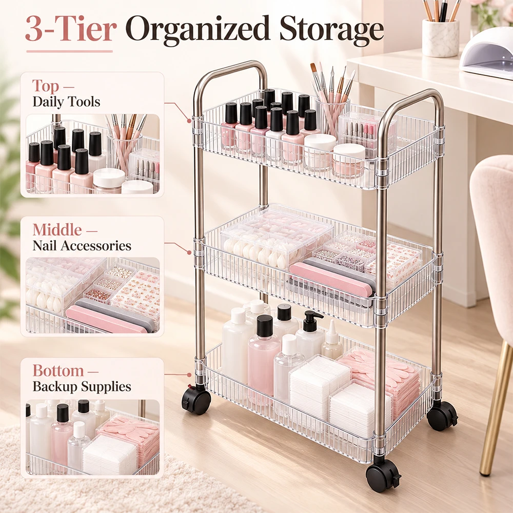 3-Tier Klimonla Rolling Storage Cart Professional Clear Rolling Storage Cart For Nail Salons Tattoo Studios Makeup Organization