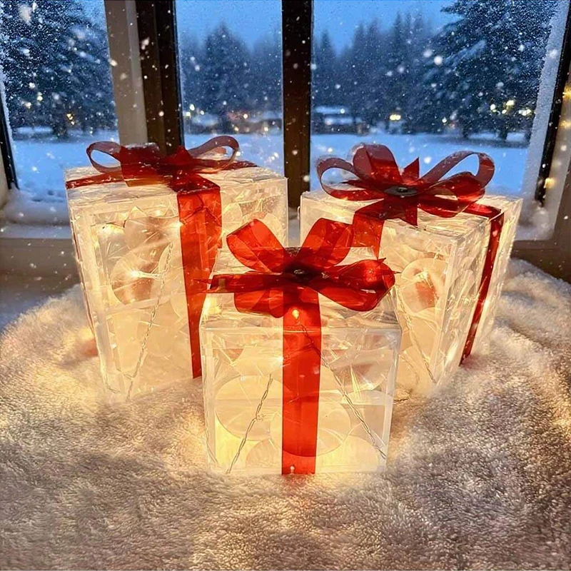 2025 pvc 3 peças caixa de presente brilhante de natal enfeites de decoração de casa de natal alimentado por bateria aa (não incluído)