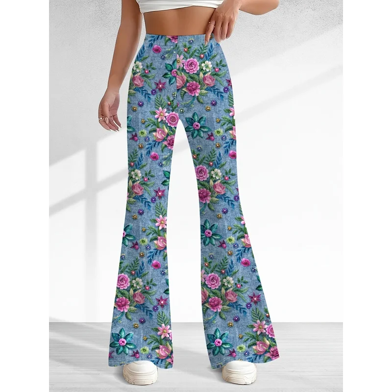 Theflower-patterned printed flared pants are similar to jeans and are suitable for 7-16-year-old teenagers for daily casual wear