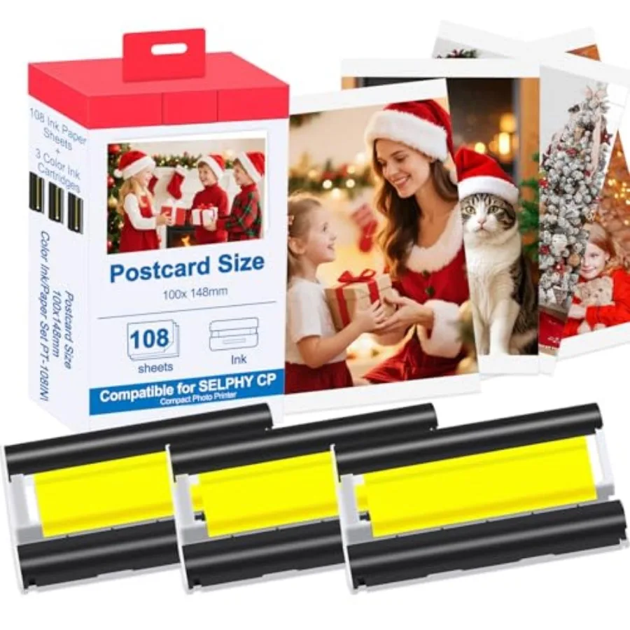 

Совместимо с Canon Selphy CP1500 CP1300 CP1200. Чернила и бумага KP-108IN. 3 цветных чернильных картриджа и 108 листов фотобумаги формата 4 x 6.