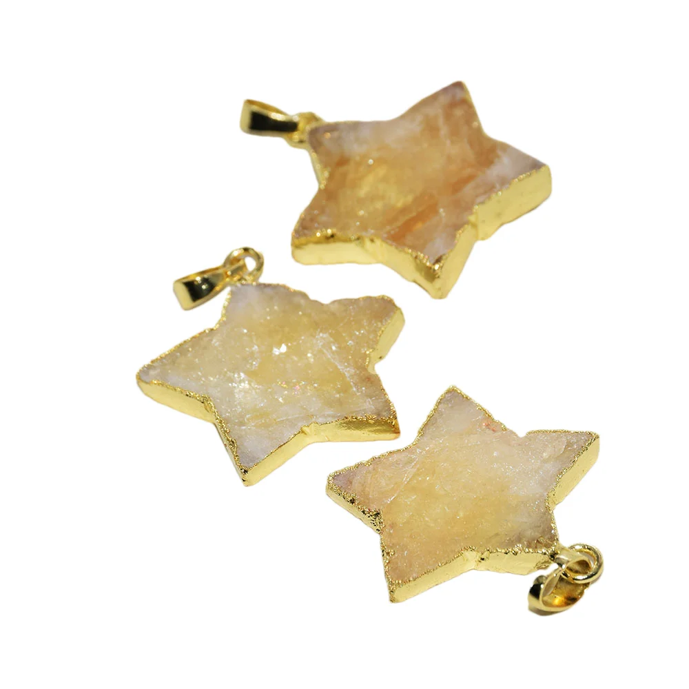 Natural Citrine Yellow Crystal Stone Star Pendant 2022 Women Accessories Quart Gold Plated Bezel Quartz Diy Jewelry Making 5pc