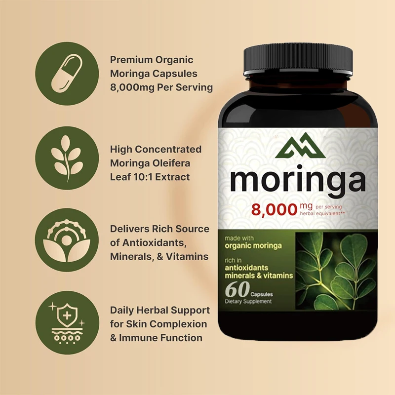 

Moringa Capsules 8000MG per serving, 60 Moringa Powder Organic Made Green Superfood Skin Health and Immune Support