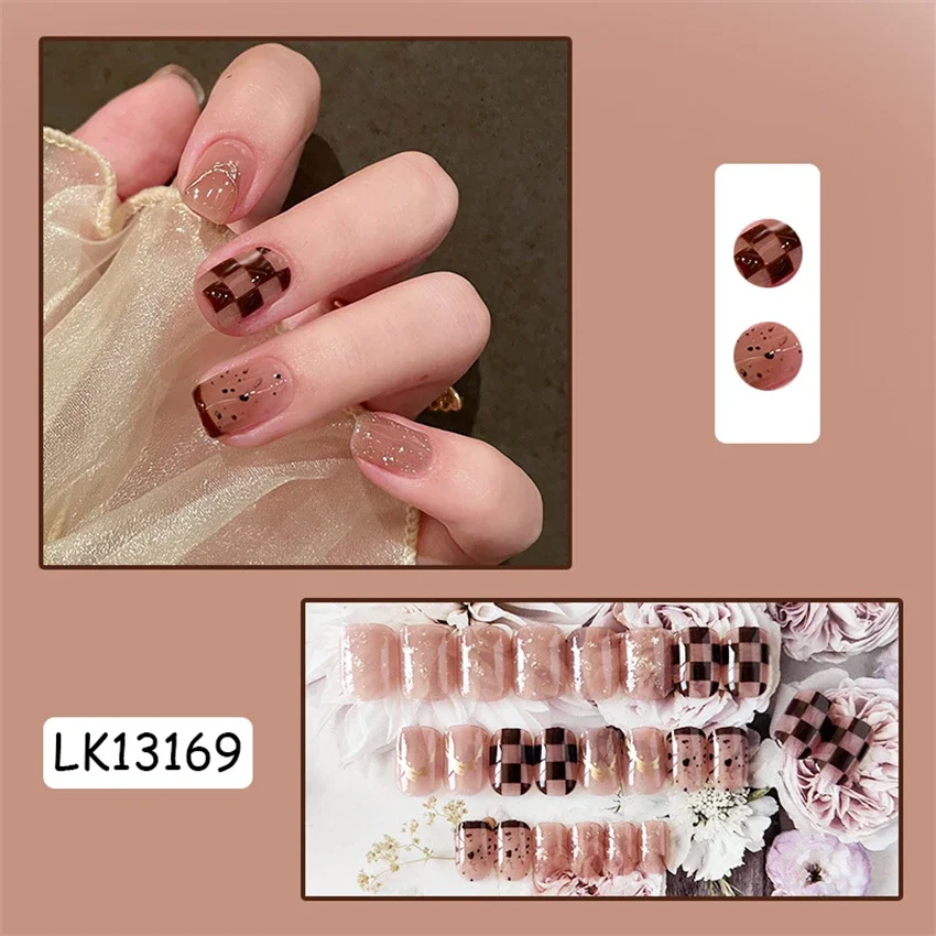 24Pcs/Set Sea Salt Oreo Design Wearing False Nails Tips Removable Handmade Short Acrylic Press on Nail French Stick Fake Nails