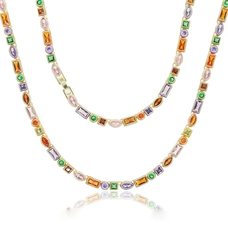 2025 New Geometric 5A CZ Rainbow Colorful Enamel Tennis Chain Bracelet Necklace Round Square Eye Rectangle Shape Women Jewelry
