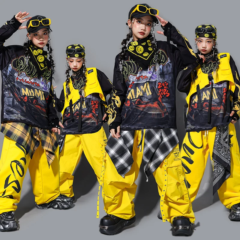 

Girls K-pop Vest Sweatshirt Yellow Pants Street Dance Clothes Sets Cool Hip Hop Jazz Costumes Group Streetwear Stage Show Outfit