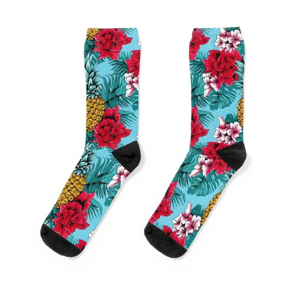 Pineapple Mosaic 3 - Ananas and flowers in Rainforest Socks Heating sock christmass gift Designer Man Socks Women's