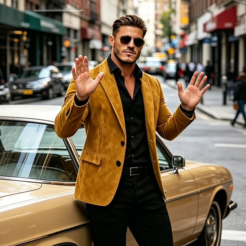 

Luxury Men's Suede Texture Blazer Notched Lapel Slim Fit 2 Button Sport Coat Business Casual Formal Wedding Party Suit Jacket