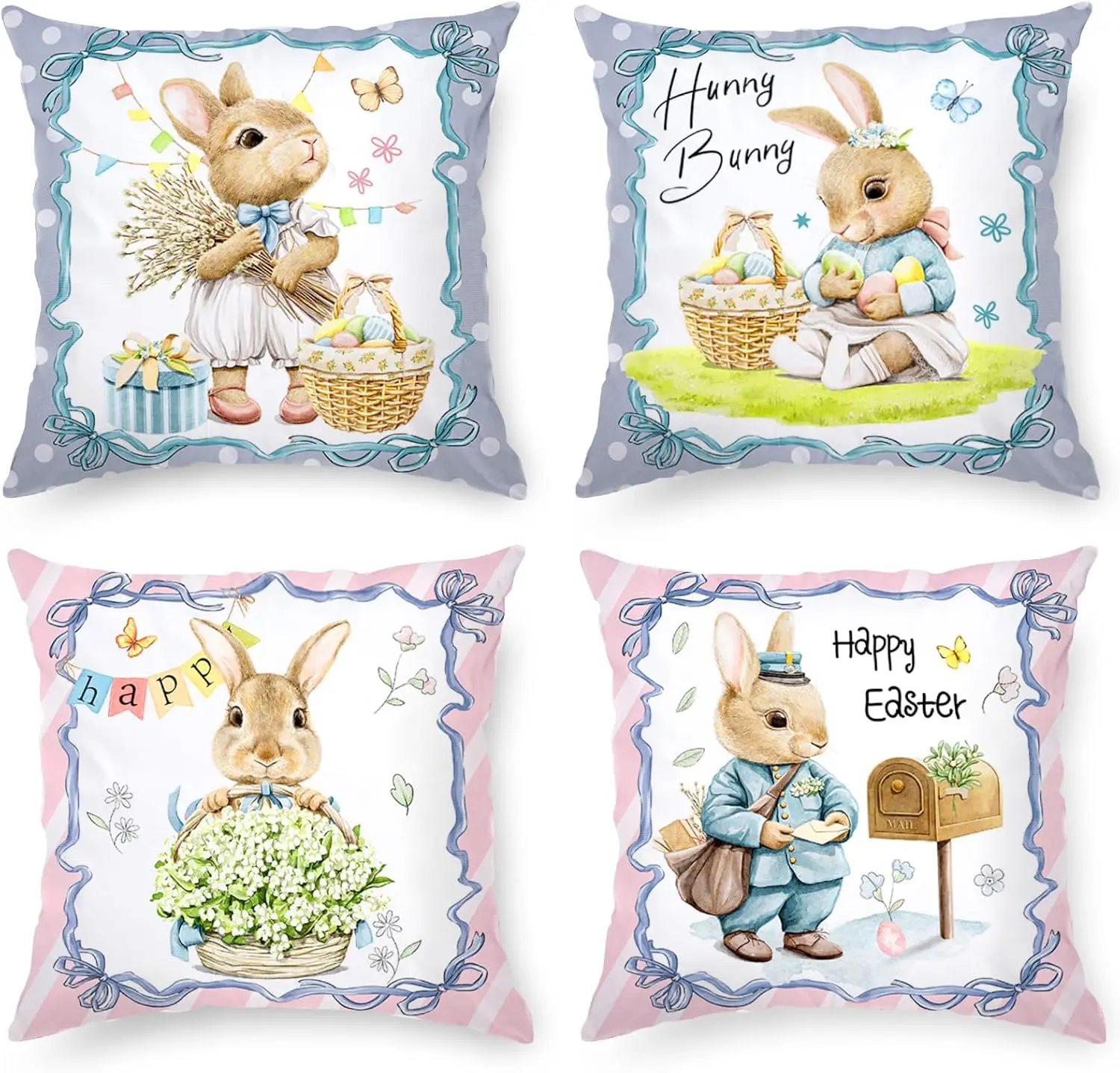 Happy Easter Pillow Covers 18x18 Inch Set of 4, Bunnies Eggs Rabbits Decorative Farmhouse Spring Flower Throw Pillowcases