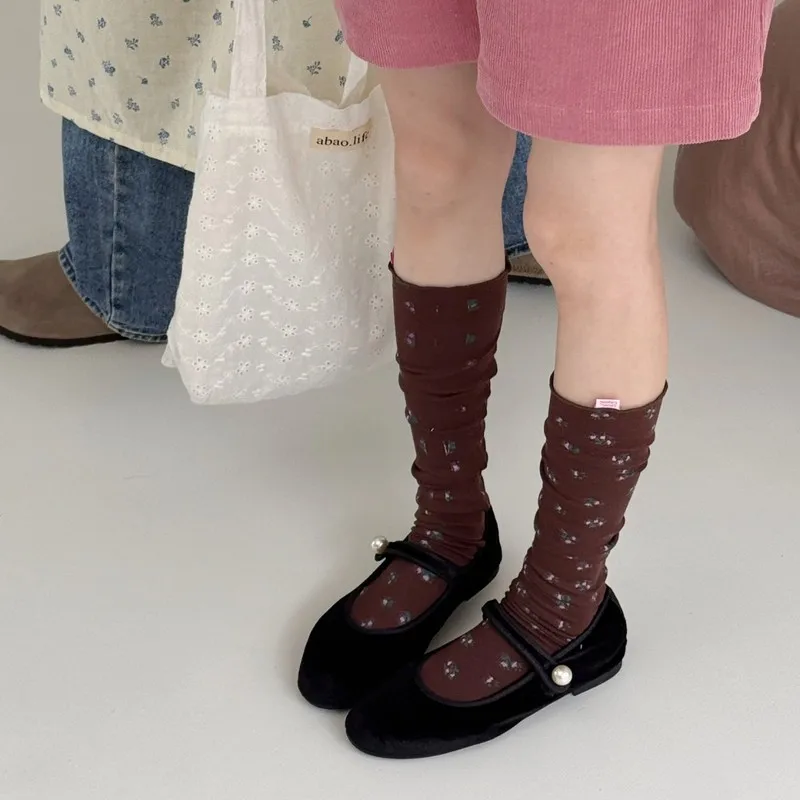Women Floral Print Stacked Crew Socks Japanese Ballet Style Sweet Miu Style Calf Length Long Socks for Ladies
