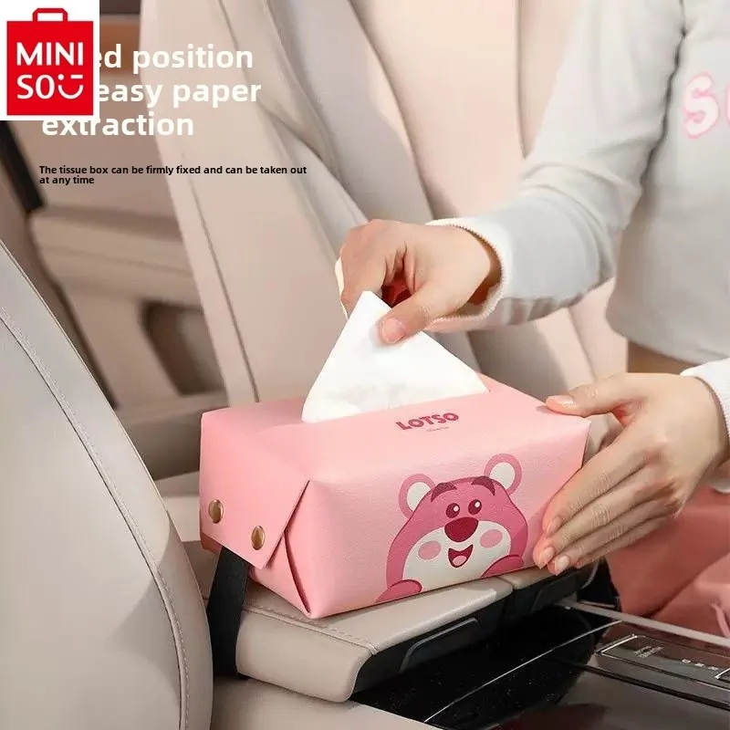 MINISO Disney Car Armrest Box Tissue Box Cover Cute Cartoon Strawberry Bear Car Hanging Paper Box Decoration Accessories