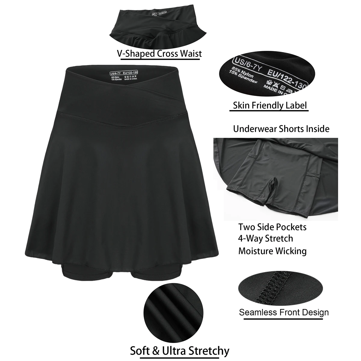 تنورة شورت رياضية للتنس للبنات مع جيوب جانبية وخصر مرتفع – ملابس نشاط للفتيات والأطفال والمراهقين