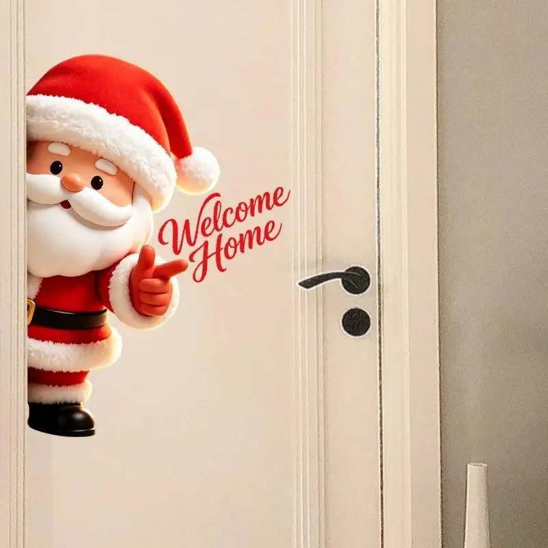 3D Peeking Santa Claus Door Wall Sticker Self Adhesive Welcome Home Lettering For Christmas Entryway Holiday Decoration