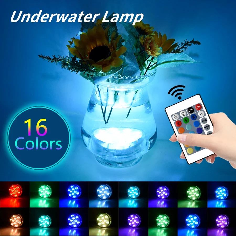 10 LEDs RGB Submersible Light Underwater Lamp Battery Operated Garden Swimming Pool Light for Wedding Party Vase Bowl Aquarium