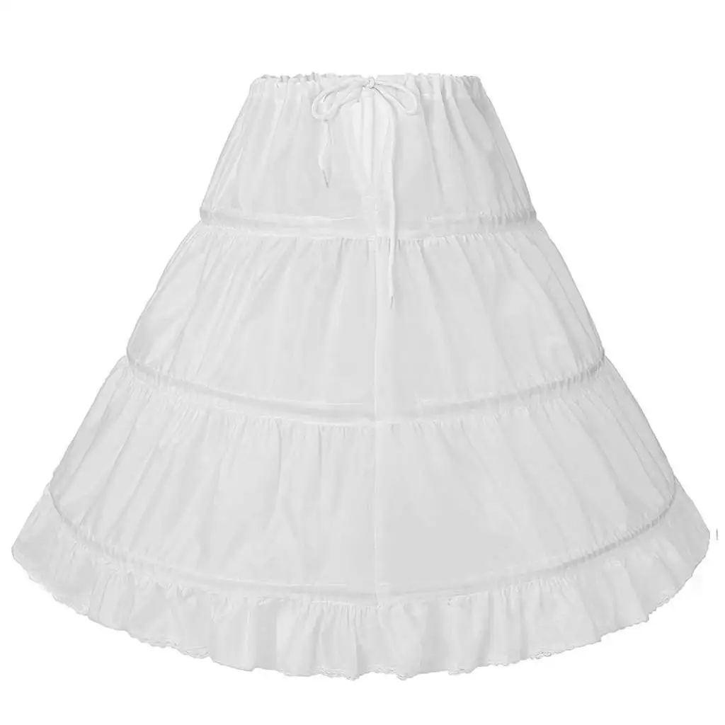 Child Flower Girls Long Petticoat Drawstring Waistband Pleated Trimming 3 Hoops Kids Princess Crinoline Tutu Underskirt