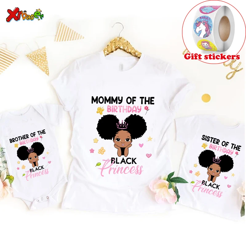 

Birthday Girls T Shirt Family Matching Clothes Birthday Gift Black Princess Shirt Custom Name T-shirt Give Away Kids Stickers