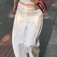 High Street Personalized Embroidery Large White Wide Leg Jeans Retro New American Misplaced Pocket Design Floor Jeans Y2K Pants
