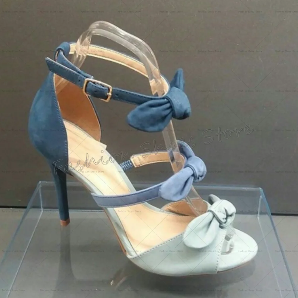 صنادل بعقدة على شكل فيونكة زرقاء صنادل بمقدمة مستديرة مفتوحة من الأمام أحذية نسائية عصرية بكعب عالي رفيع للحفلات والولائم والمواعدة 2025 Zapatos Para Mujere #1