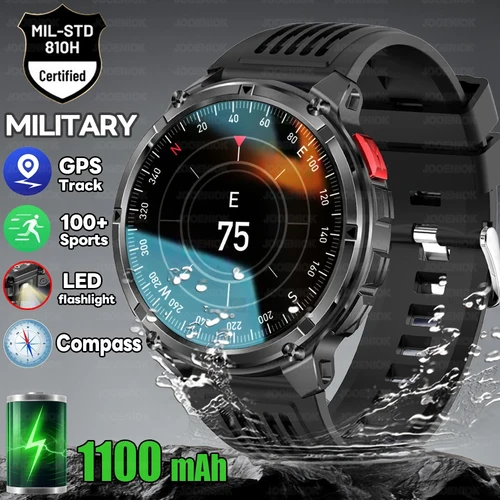 Imagen 1 del producto Reloj inteligente militar para exteriores para hombre, batería de 1100mAh, brújula, rastreador de Fitness, pantalla AMOLED HD, llamada BT, reloj inteligente para Android IOS