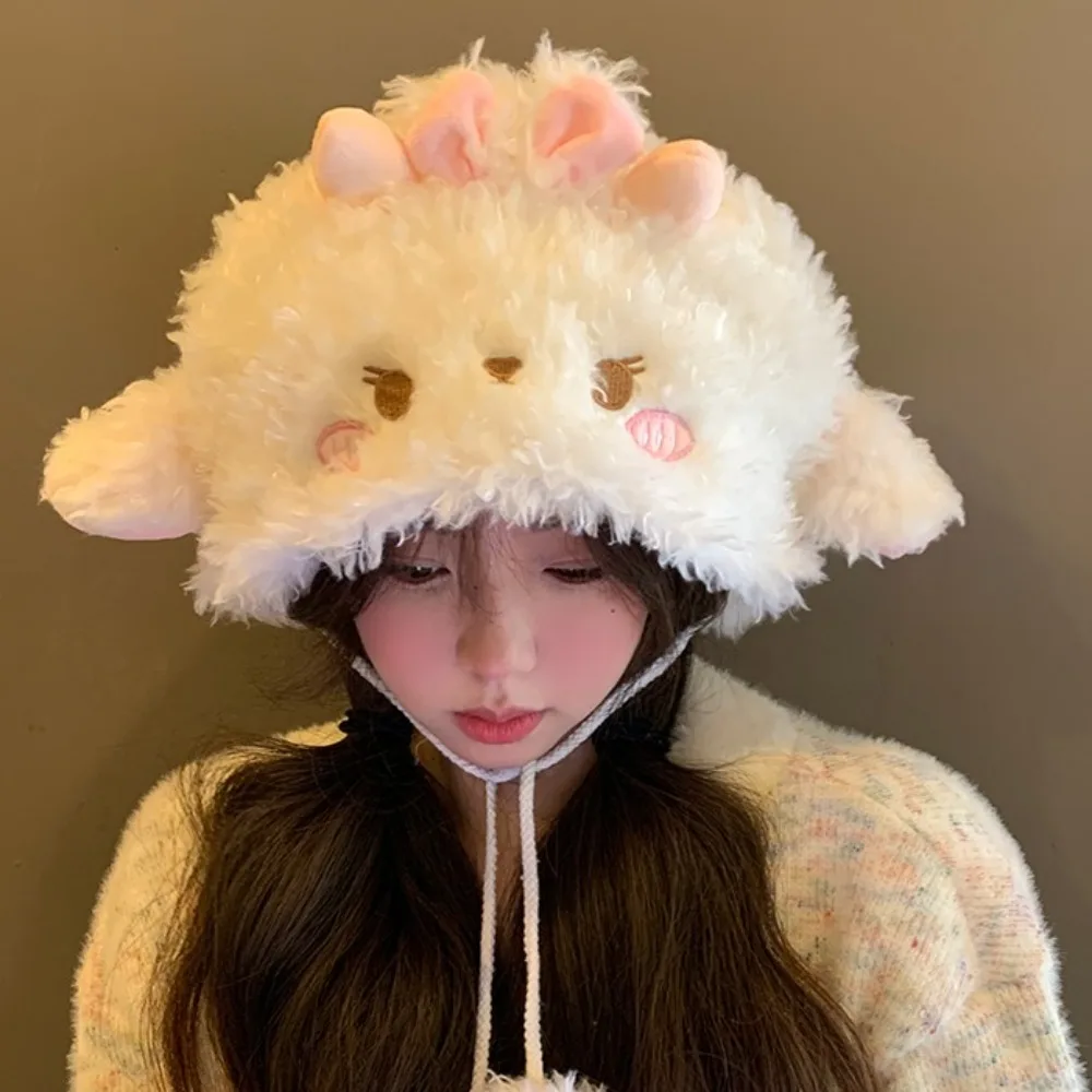 Fashion Soft Sheep Ear Bucket Hat Fluff Cute Dome Hat Lolita Sweet Plush Pullover Hat Outdoor