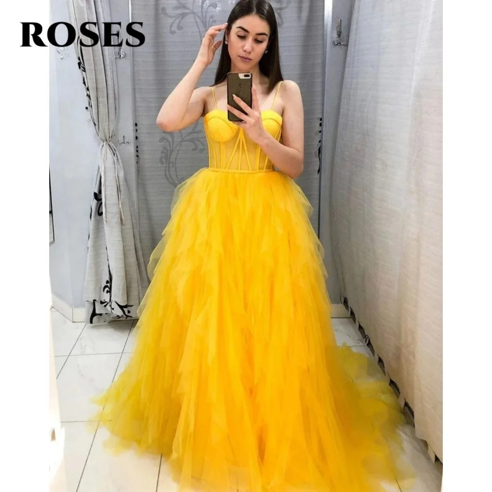 

ROSES Yellow Elegant Prom Dress Sweetheart Hollow Prom Gown with Fishbone Backless Tulle Ball Gown for Woman 프롬 드레스 Customized