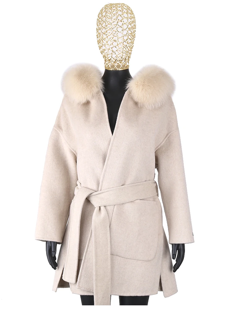 Furyoume Cashmere Wool Coat with Belt for Women Real Fox Fur Collar Long Jacket Loose Outerwear Winter Fashion New