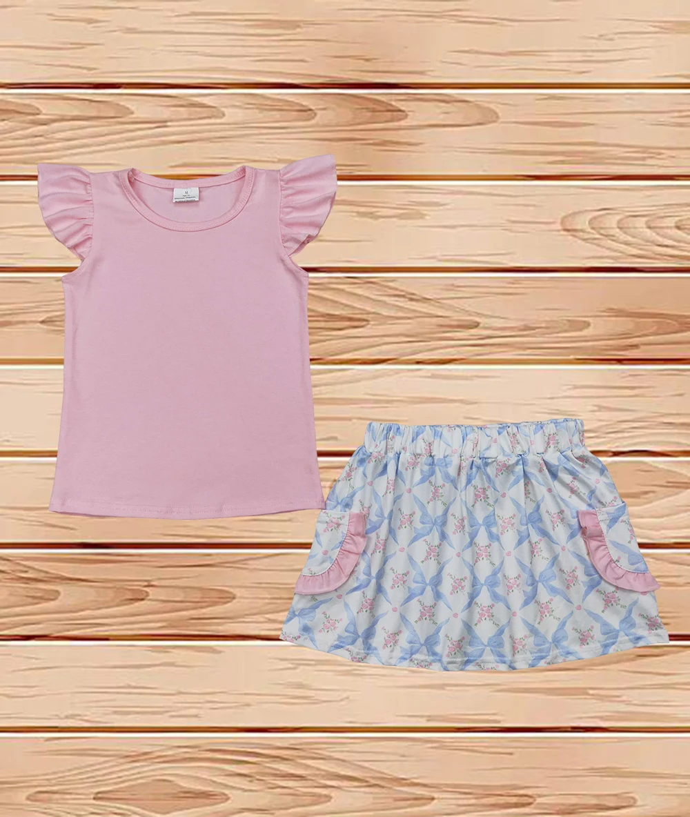 

4.12 Wholesale Western Boutique children clothing Baby Girls Pink Flutter Sleeves Top Floral Bows Pockets Skirts Sets
