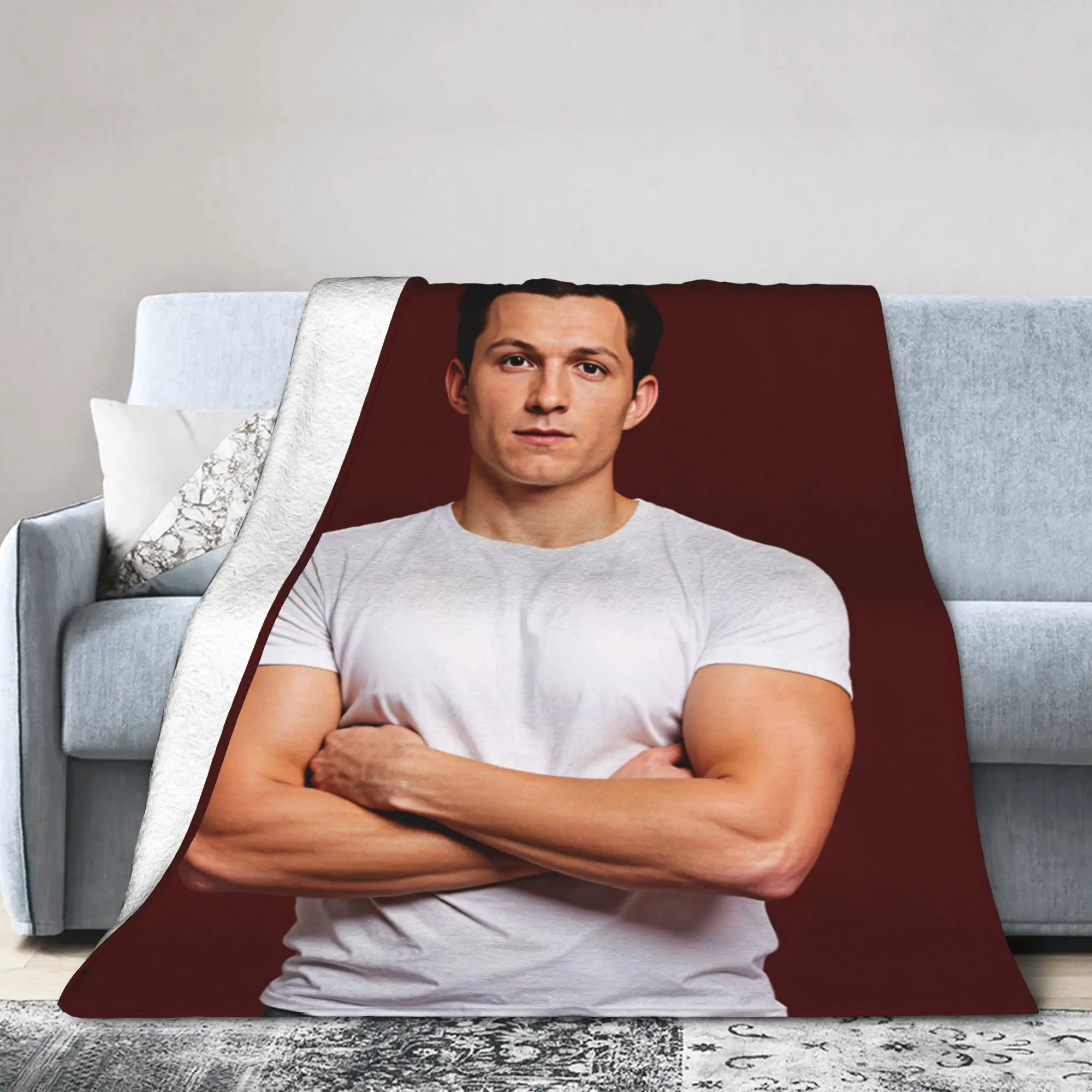 Tom Holland White T Shirt Pose Soft Comfy Blankets  Novelty Travel Throw Blanket Couch Chair Flannel Bedspread Sofa Bed Cover