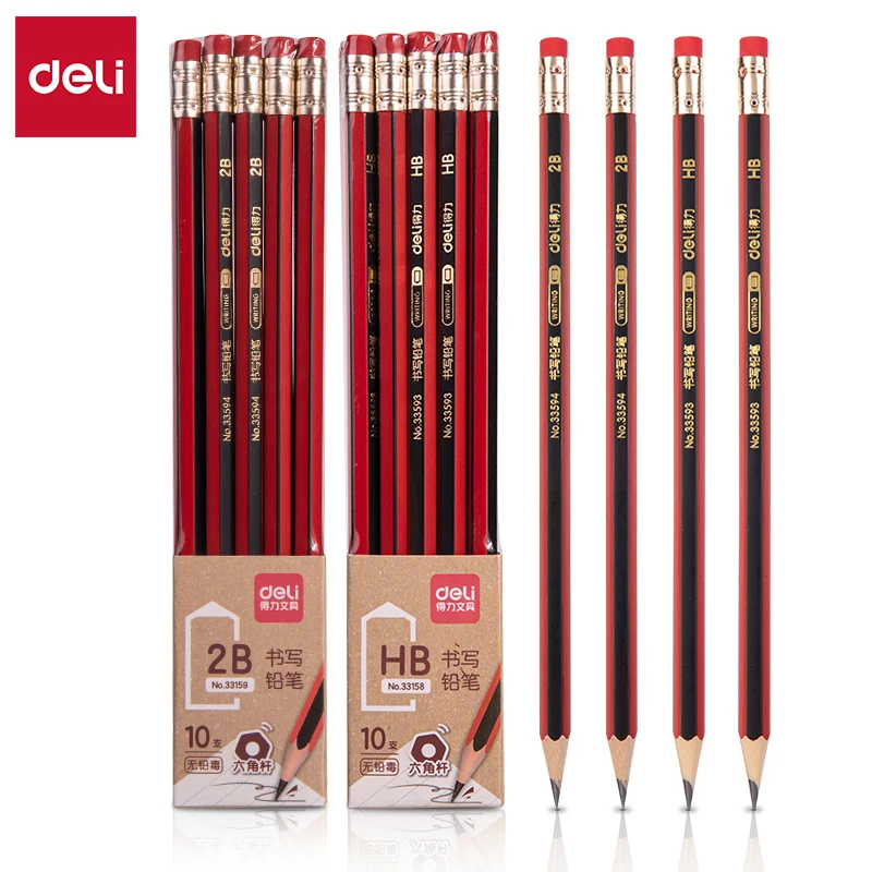 10pens Deli Stationery Red Wooden Pencils With Eraser Pre-Sharpened 2BHB Children'S Drawing School Writing Office Study Supplies