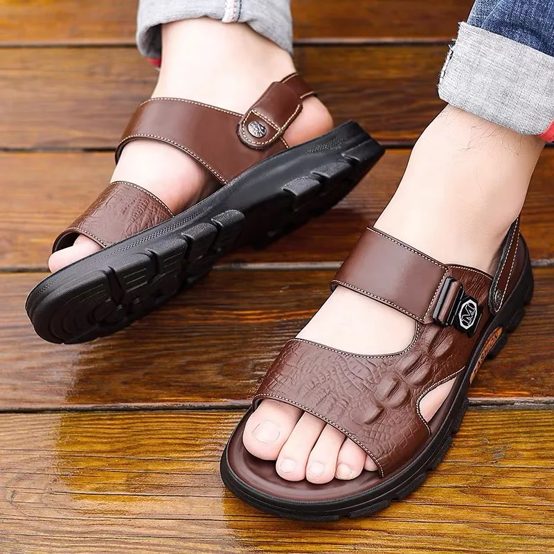 Summer New Men's Alligator Pattern Two-Way Sandals Metal Logo Anti-Slip Thick Bottom Outdoor Casual Slip-On Slippers-HW32156