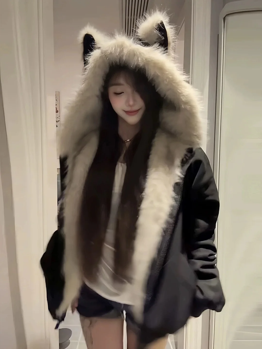 Black Furry Ear  Eagle Cotton Jacket Men Women Winter American Fleece Lined Warm Couple Hooded Coat Youth Casual Outerwear