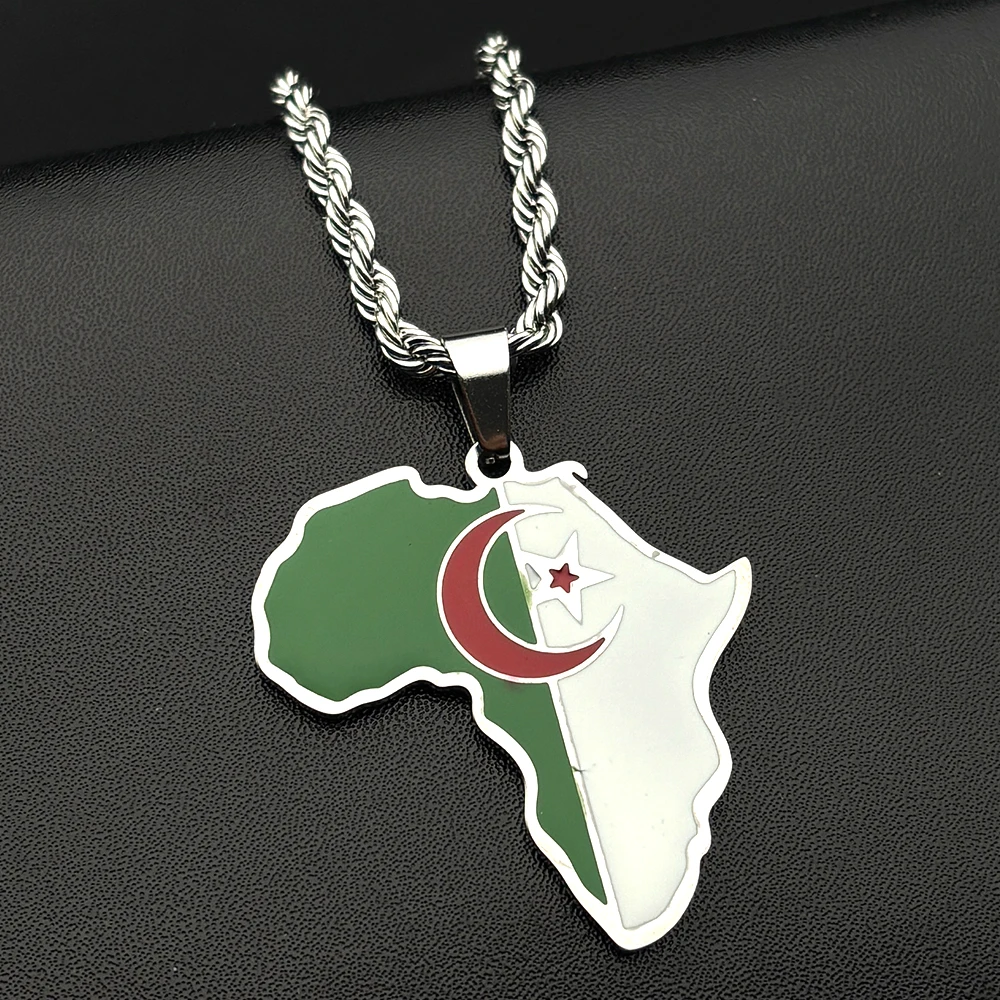 African Algeria Map Flag Pendant Necklace for Women Men Stainless Steel Enamel Gold Color Crescent Moon Star Chain Jewelry Gift